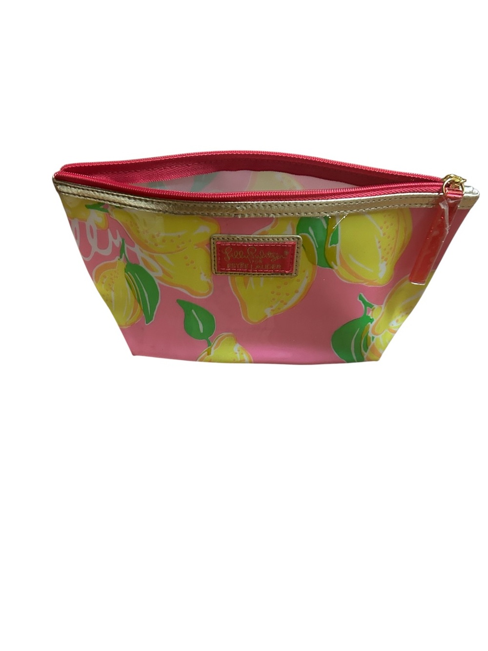 Lilly Pulitzer Pink & Yellow Lemon Print Cosmetic Pouch with Gold Trim